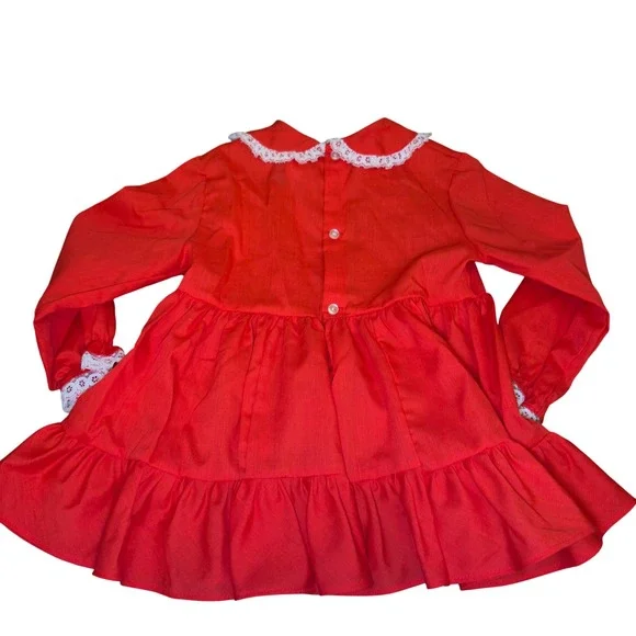 Vintage Toddler Baby Girl Red Long Sleeve Ruffle Holiday Valentine Dress Lace 2T - Picture 4 of 8